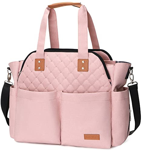 Lekebaby Baby Wickeltasche mit Wickelunterlage, 19 Taschen, Diaper Bag Bote Groß Reisewindeltasche für Mama und Papa, Multifunktions Babytasche für Reise, Rosa Gesteppt