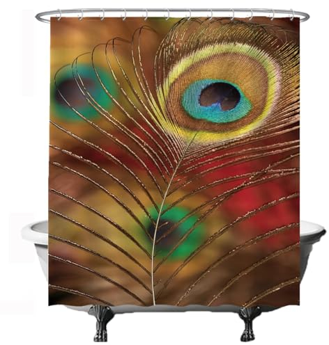 Ulticool Duschvorhang - Pfauenfedern Vogel Tier - 180 x 200 cm - Waschbar - Anti Schimmel - mit 12 Ringen - Beige Gelb Rot