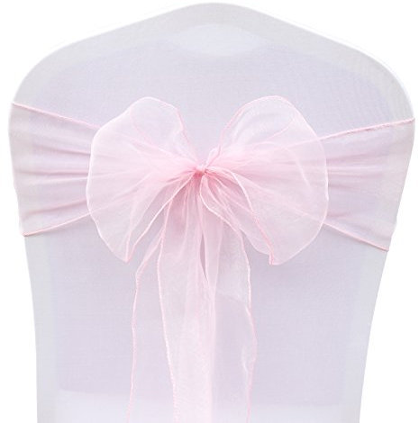 HEMEIREN 25 Pieces Organza Chair Sashes, Chair Bow, Tulle Fabric Ribbon, Wider Sash Fuller Bows,Chair Covers for Wedding Banquet Reception Events (Pink)