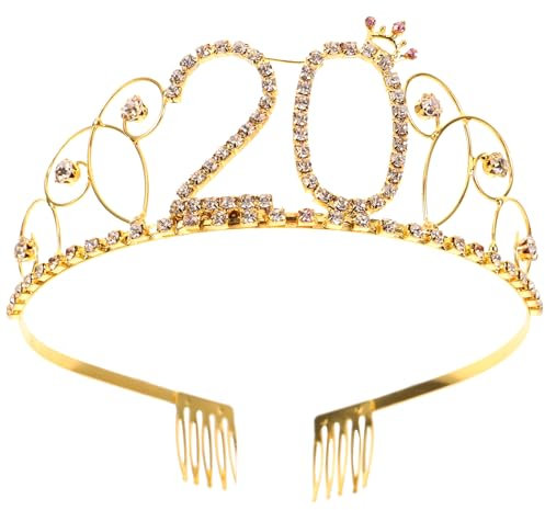 FOMIYES 20. Geburtstag Königin Krönt Tiara Prinzessin Strass-Kronen 20. Geburtstag Kristall-Stirnband Happy 20Th Birthday Party Supplies (Golden)