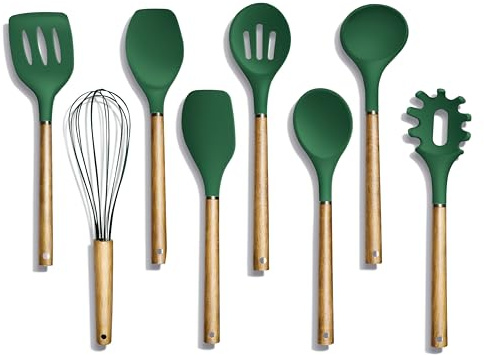 Country Kitchen Antihaft-Silikon-Utensilien-Set mit abgerundeten Holzgriffen zum Kochen und Backen, 8-teiliges Set, Grün