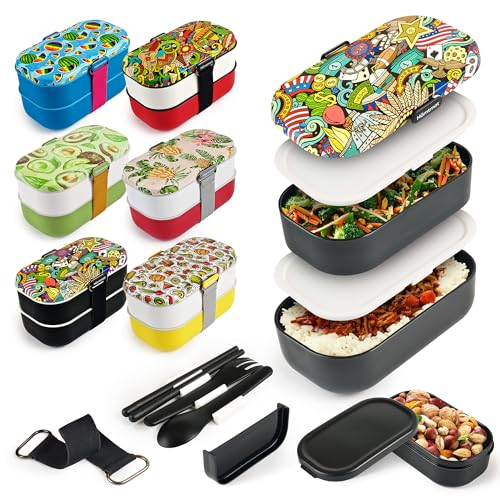 HÄMTMAT Premium Bento Lunchbox Erwachsene Lunchbox – Auslaufsichere, stapelbare Bento-Box mit Gabel, Löffel, mikrowellengeeignet, spülmaschinenfest – American Comic Box Stil