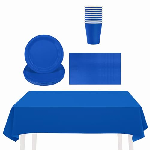 53P Solid Color Dark Blue Tableware Set Decor,20 Paper Napkins 16 Cups Plates in Blue,1P Large Plastic Tablecloth Disposable Dinnerware Kit for Him Her Men Women Adults Kids Party Dinnerware Supply