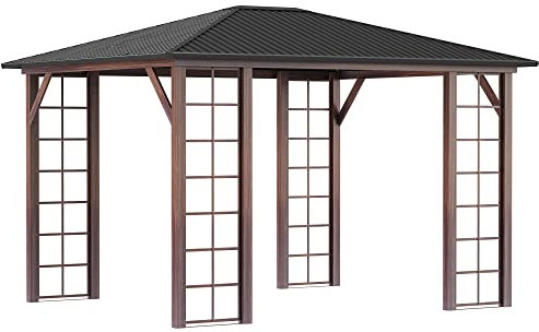 Outsunny Tonnelle pavillon de Jardin avec Toit Rigide imperméable 364 x 299 x 280 cm Structure en métal Marron Gris