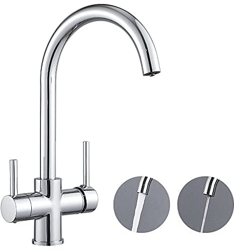 Maynosi Robinet de Cuisine 3 Voies, Robinet d'évier de cuisine 3 en 1 Avec Sortie Eau Filtrée, Mélangeur de cuisine à 2 poignées avec bec à 2 sorties, Rotation 360 °, Laiton (Chromé)