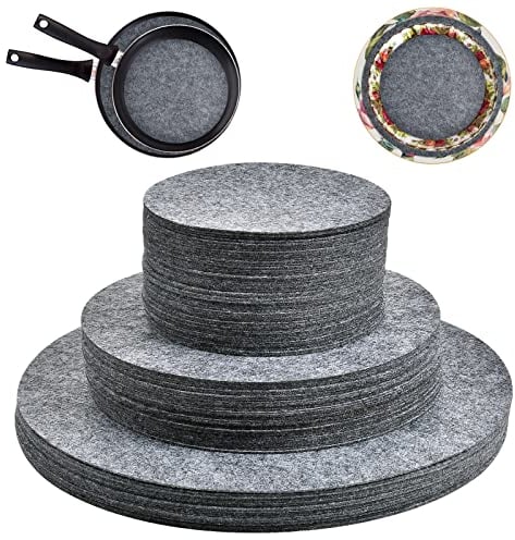 Aemygo 100 Pack Felt Plate Storage Dividers, 3 Sizes Thick Felt Round Dish Storage Protectors Pads Premium China Plate Separators for Packing Stacking Cookware, Grey