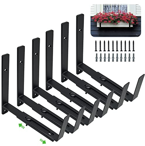 Pusonor Soporte ajustable para caja de ventana, paquete de 6, soporte resistente para caja de flores, soporte de pared adecuado para macetas de 6 a 12 pulgadas de profundidad