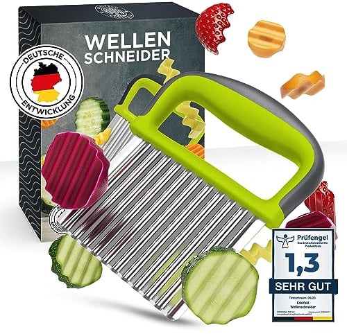 Edelfeld Wellenschneider für Pommes, Obst & Gemüse [TESTSIEGER] - Spülmaschinengeeignetes Wellenmesser - Riffelmesser für Erwachsene & Kinder - Solides Wellenschnittmesser aus Edelstahl - Für BLW