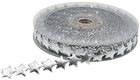 SHTGOI 1 Rollen 15 mm Breite Sternenband 15m Sterne Band Glitzer Polyester Pentagramm Geprägtes Band Verzierung für Urlaub Hochzeit Dekoration Geschenk Kuchen Verpackung Silber