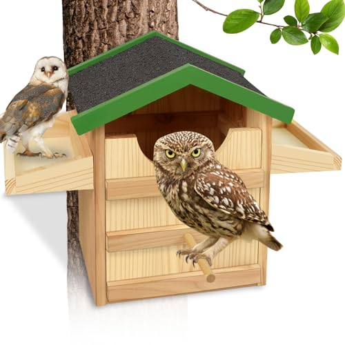 Eulenhaus, Vogelhaus aus Holz mit Futterregal, 22,9 cm großer handgefertigter Eulen-Nistkasten mit Befestigungsschrauben und Holzspänen, außen hängender Nistkasten für Hinterhof