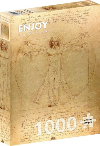 1000 Pieces Jigsaw Puzzle – Matte Finish, Soft Touch, Sturdy and Unique Pieces, Tight Fit, Vivid Colors, Missing Pieces Service – Vitruvian Man – Leonardo Da Vinci Famous Painting – by ENJOY Puzzle