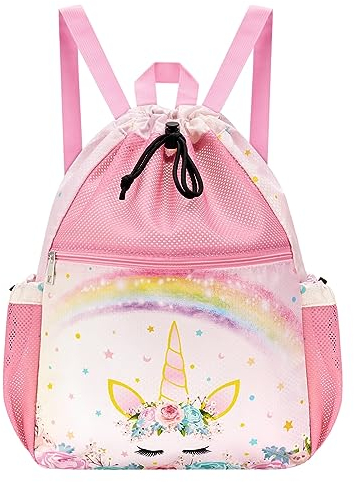 WAWSAM Licorne Sac à Dos à Cordon pour Enfants - Sac à Cordon en Maille pour Filles avec Pochette Imperméable à Fermeture éclair Sac de Natation pour Piscine Sport Yoga Voyage Sac de sport