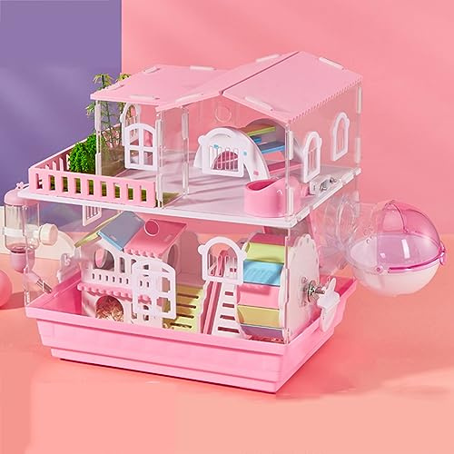 Rattenkäfig mit Zubehör, PS/ABS-Material, Belüftungsdesign, Tablettdesign, Leicht zu Reinigen, Hamstervilla mit Wasserkocher, Schüssel, Badezimmer, Villa, und Bunte Bogenbrücke ( Color : Pink , Size :