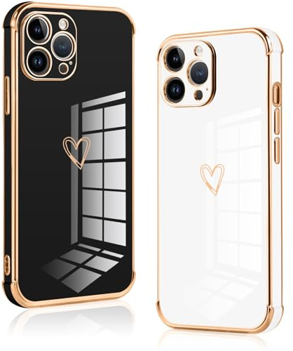Vauki 2 Stück für iPhone 12 Pro Hülle, Silikon Handyhülle Herz Motiv Schutzhülle Kameraschutz Stoßfest Bumper Case für iPhone 12 Pro - Schwarz und Weiß