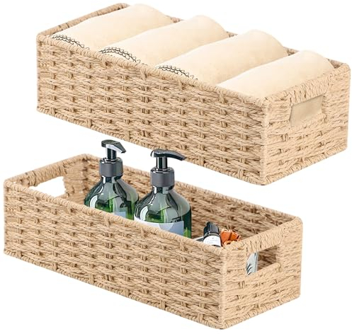 YheenLf aufbewahrungskörbe, 2er-Pack korb (37x16.5x11cm/33x12.5x10cm), regalkörbe geflochten, Stapelbare aufbewahrungsbox, körbchen für Schlafzimmer und Badezimmer, Schöner Baskets, Natur