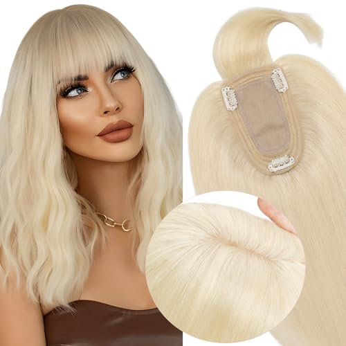 Elailite Hair Topper Echthaar, Toupet Damen mit langem Pony, Clip in Haarteil, Haartopper Basis 7x13cm, 30cm #60 Platinblond