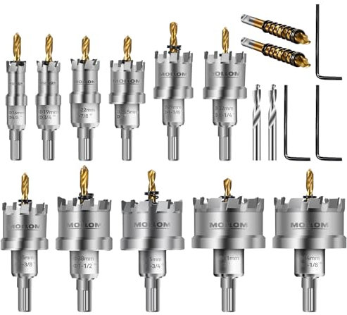Mollom 11 piezas (16-54 mm) TCT Carbide Hole Saw Kit para metal duro con 4 brocas piloto adicionales y 3 llaves hexagonales