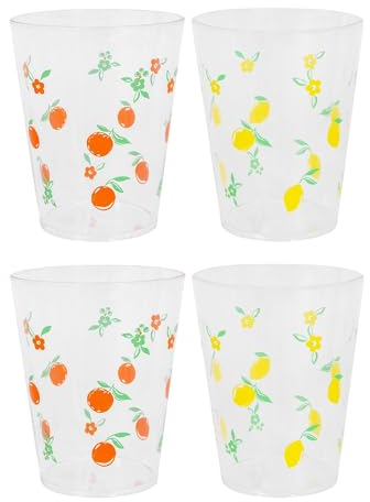 YöL Pack of 4 Clear Plastic Tumblers Cups Orange Lemon Print Summer Party Picnic BBQ Drinking Glasses