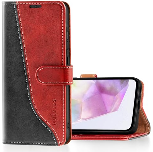 Mulbess für Samsung Galaxy A35 5G Hülle, Handyülle Leder mit Kartenfach, Klapphülle mit Magnetverschluss, Flip Case Etui Handytasche Schutzhülle, Stilvoll Wein Rot