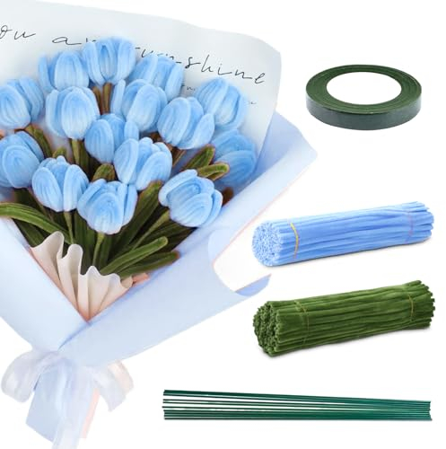 9 Bündel Blumenstrauß Pfeifenreiniger Set, Pfeifenputzer Zum Basteln, Pfeifenreiniger, Pipe Cleaner Basteln, Bunt Basteldraht Chenilledraht für Kinder DIY Dekorationen (Blau Tulpe)
