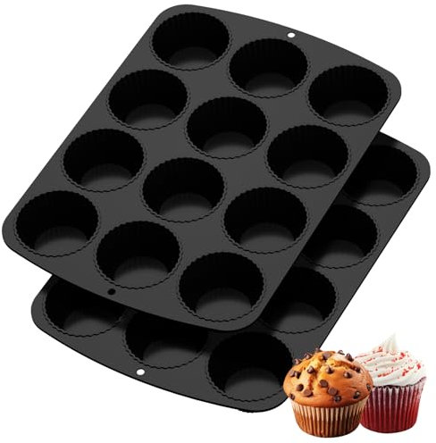 Silikon Muffinform Backblech für 12 Muffins - 2 Stück Silikon Mini Muffinförmchen Backform 31x22cm Rund Muffin Förmchen BPA-Freie, Antihaftbeschichtung für Backen, Eincreme und Pudding (2, Schwarz)