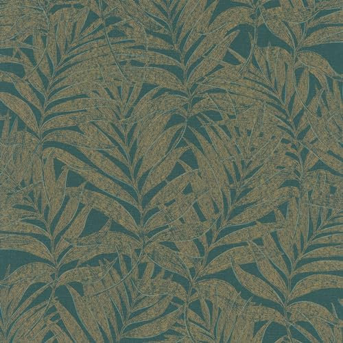Galerie Hotel Emerald Green/Gold Glitter Botanical Palm Leaf Design Wallpaper Roll