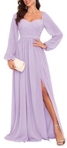 HPPEE Damen Langarm Brautjungfernkleider für Hochzeit Plissee A Linie Chiffon formelles Kleid mit Schlitz, Flieder, 34