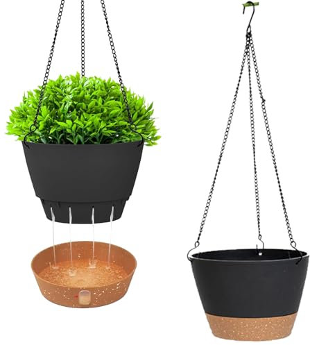 Paquete de 2 macetas colgantes con base extraíble de agua visible, cesta colgante para plantas al aire libre, platillo de riego automático, maceta colgante de plástico para colgar plantas, jardín,