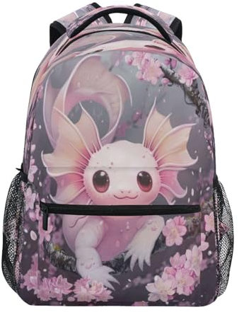 Kcldeci Axolotl Rucksack für Kleinkinder, rosa Kirschblüten, Jungen, Mädchen, Kinder, Schultaschen, Büchertasche, Elementarkinder, Büchertaschen, Reisetasche