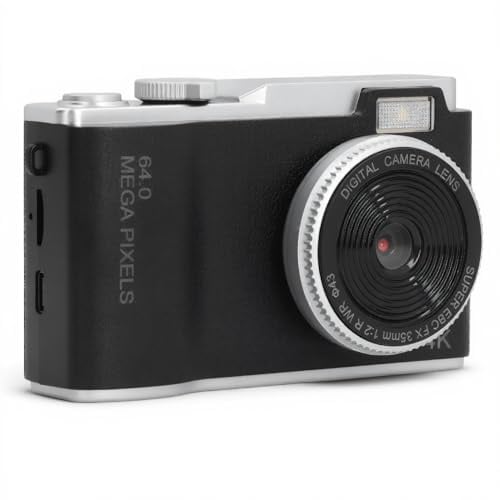 Digitalkamera, Tragbare 48 MP Kamera mit 16 fachem Zoom, 2,4 Zoll Bildschirm, Verwacklungssichere 1080P Selfie Autofokuskamera für Reisen, 800 mAh Akku (Black)