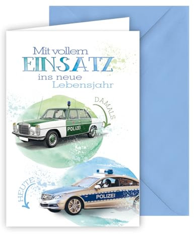 KE - Außergewöhnliche Geburtstagskarte für Männer Format B6, Glückwunschkarte, inklusive Umschlag, Motiv: Polizeifahrzeuge