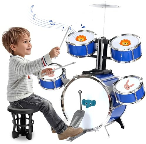 NonKob Batteria per Bambini, Set di Batteria Jazz per Bambini 5 tamburi con Sgabello per Principianti, Musicale Percussione Giocattolo Educazione Giocattoli per 3 4 5 6 7 anni ragazze ragazzi