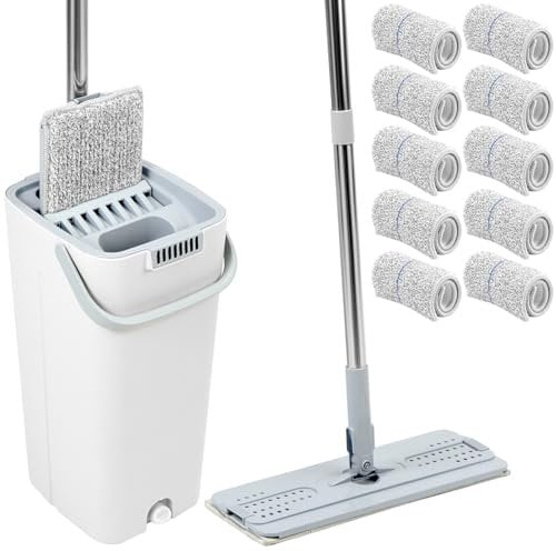 QWORK® Juego de fregona Plana y Cubos, Sistema de Limpieza Multifuncional de Dos cámaras, con 10 Almohadillas de Microfibra y Mango de 120 cm