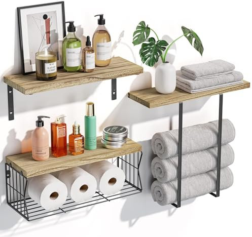 TRAYINDALY 3+2 Tier Floating Shelves for Wall, Wooden Bathroom Shelves with Towel Rack & Paper Holder, Multi-Functional Storage for Bathroom, Kitchen, Bedroom & Living Room