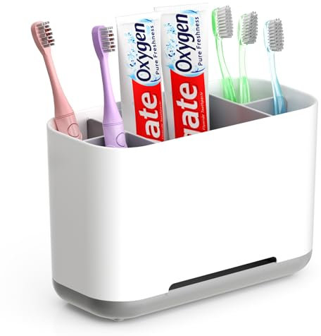 GlasFlength Portacepillos de Dientes Electrico, Soporte Cepillo de Dientes Soporte para Cepillo de Dientes y Pasta con 2 separadores Ajustables y Base Antideslizante para Lavabo de Baño Gris (Gris)