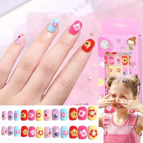 24 Stück Press On Nails Set - Nägel Zum Aufkleben Kurz für Kinder, Selbstklebende Künstliche Fingernägel Set Falsche Kunstnägel für Mädchen Kleinen Händen Damen, Children's Nail Tips (Bunt B)