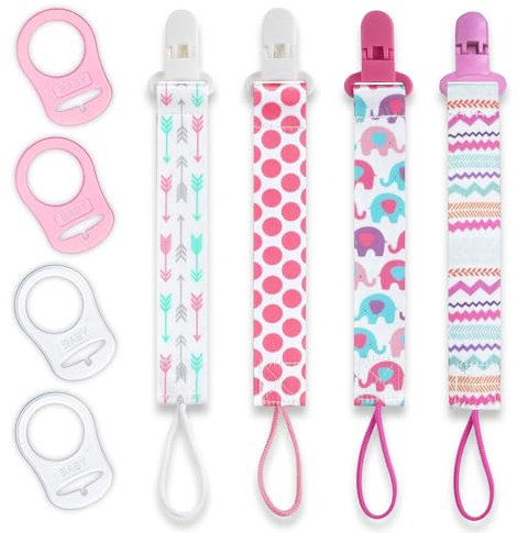 4 Pezzi Catenella Portaciuccio, Tessuto Catenella Ciuccio, Catenelle per Ciuccio, Porta Ciuccio Femmina Maschio, Cordino Ciuccio con 4 Pezzi Ciuccio Clip Adattatore per Neonato Doccia (Rosa)
