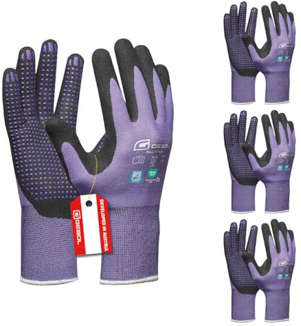 Gebol Multi Flex Lady, 3 Paar Arbeitshandschuhe Damen, Nitril-beschichtete Gartenhandschuhe mit Noppen für extra Grip, atmungsaktiv, dermatologisch getestet, Gr.M (Gr.8), Lila
