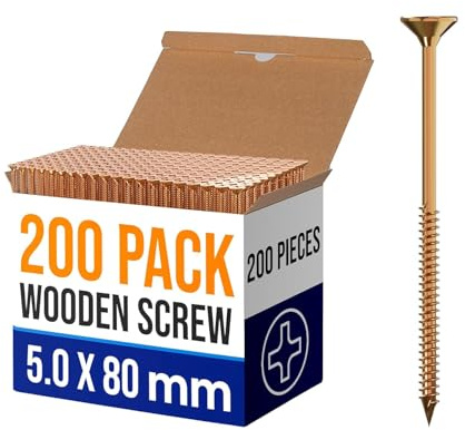 Vis à bois multi-usages, 5mm x 80mm 200 pièces, kit de vis à bois à filetage simple galvanisées au zinc, vis autotaraudeuses passivées jaunes pour terrasse (5mm x 80mm)