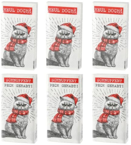 Taschentücher XMAS Cat (6 x 10 Stück) - Heul doch!, Schnupfen? Pech gehabt! - Papiertaschentücher Katze Weihnachten