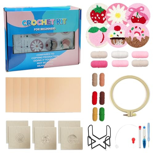 6 Teilig Punch Needle Set für Untersetzer – DIY Stickerei Set für Anfänger, Kinder & Erwachsene mit Garn, Stickrahmen, Anleitung & Halter – Kreatives Basteln für Zuhause und Geschenke-A