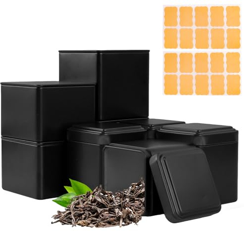 Trukafie Latas de té para té suelto, 8 unidades, para almacenamiento de té, metal, color negro, hermético, incluye 20 etiquetas para granos de café, especias, también ideal como lata de arroz, harina