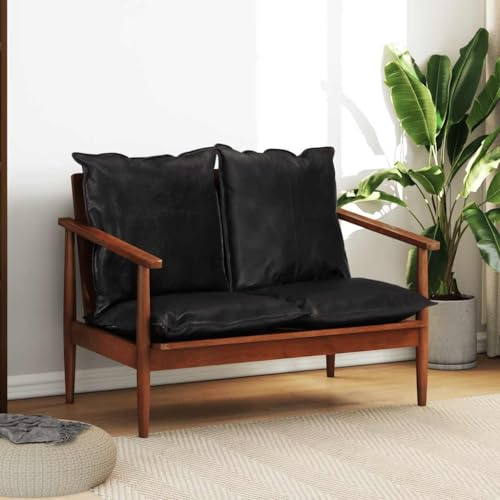 Mandloder Schwarzes 2-Sitzer Sofa, Echtes Leder und Massives Akazienholz, 99x65x72cm, Gemütlicher Sitzbereich für Wohnzimmer, Modernes Retro-Design