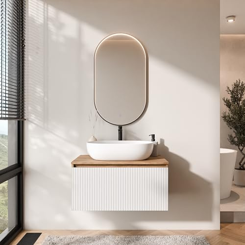 Planetmöbel Arisa Badmöbel Set Waschtisch mit Unterschrank | 80 cm, gold eiche weiß (geriffelt) mit Glora Spiegel, Waschbecken 60 cm gold eiche weiß, Raumsparsiphon