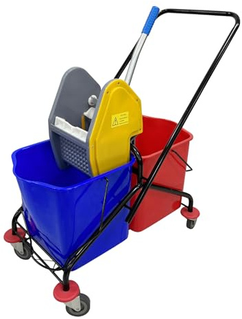 25L*2 double mop bucket, red and blue double bucket, yellow roller, Down press mop bucket, cleaning handcart with roller, Suitable for Office School Restaurant Cleaning (028AK)