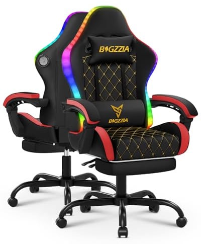 bigzzia Gaming Stuhl LED, Ergonomischer Gaming Chair mit Bluetooth Rot | Mit Fußstütze/Kopfstütze/Lendenwirbelstütze, 90°–135°Verstellung, Zocker Stuhl für Arbeit Freizeit Gaming, aus PU-Leder