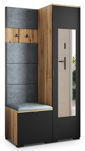 Masseno Flugarderoben Set VIRA, Kleiderschrank-Set mit Spiegel und Sitzbank, Garderobenschrank Flur mit 3 Regalböden, Eiche Wotan/Schwarz