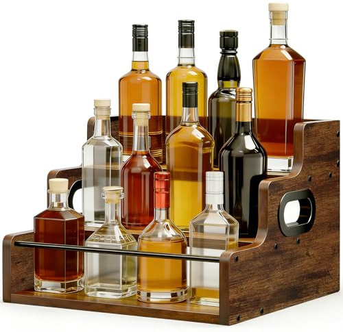 QIANBAIYI Liquor Bottle Display Shelf with Fences & Handles, 3 Step Wooden Coffee Syrup Rack Organizer, Countertop Liquor Wine Rack, Home Retro Shelf Stand for Cabinet, Bar Essentials