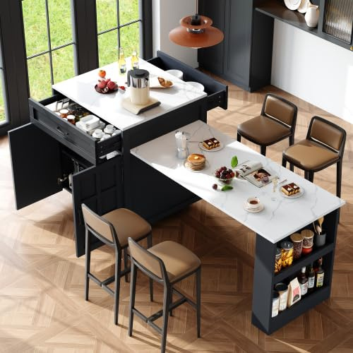 phosir Kücheninsel freistehend mit Ausziehtisch (133-202 cm), Bartisch Stauraum, Küchenschrank mit 2 Schubladen & 4 Fächern, Gewürzablage, Küchenwagen, Marmor Schwarz