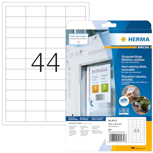 HERMA 4572 Wetterfeste Folienetiketten ablösbar, 20 Blatt, 48,3 x 25,4 mm, 44 pro A4 Bogen, 880 Stück, selbstklebend, bedruckbar, matt, blanko Klebeetiketten Aufkleber aus Folie, weiß